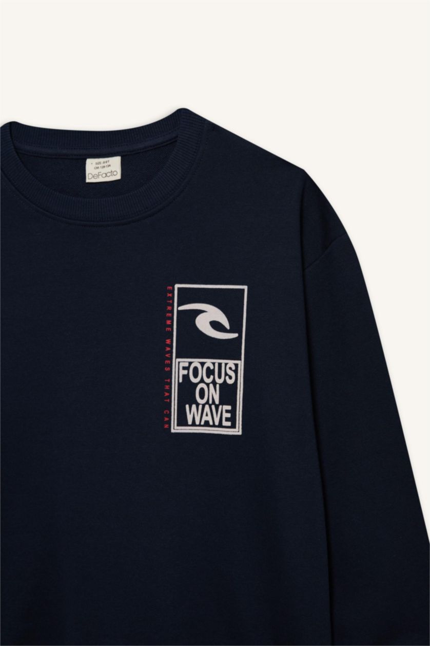 Erkek Çocuk - Genç Erkek Lacivert Oversize Geniş Kalıp Bisiklet Yaka Sırt Baskılı Sweatshirt Erkek Çocuk