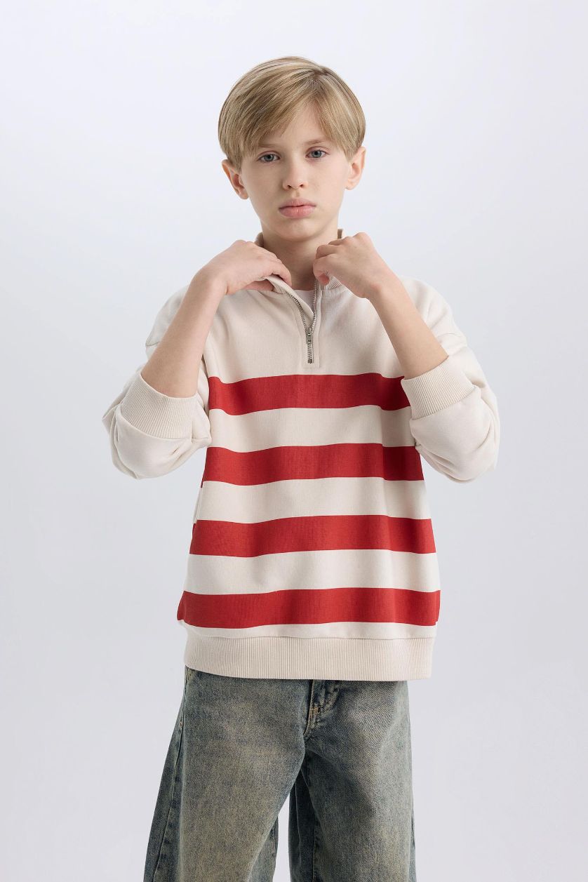 Erkek Çocuk - Genç Erkek Bej Oversize Geniş Kalıp Dik Yaka Fermuarlı Çizgili Sweatshirt Erkek Çocuk
