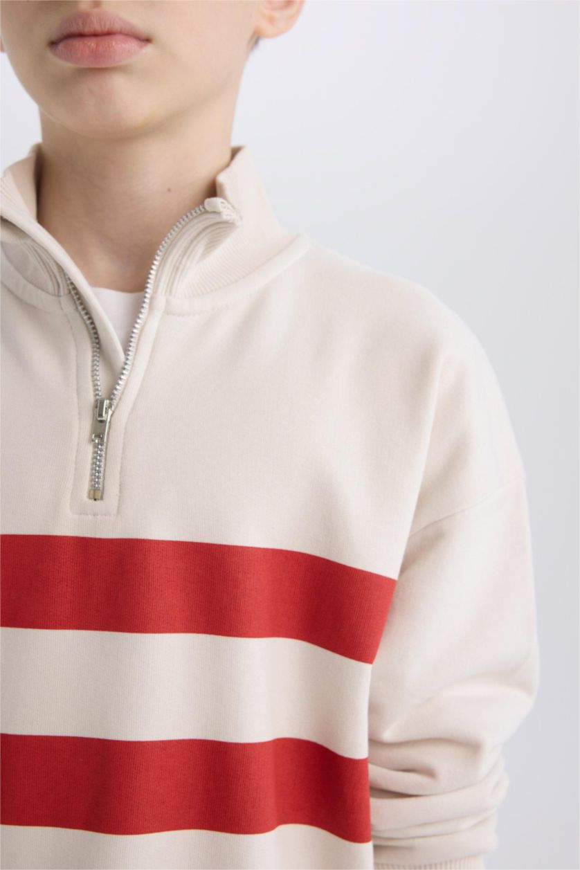 Erkek Çocuk - Genç Erkek Bej Oversize Geniş Kalıp Dik Yaka Fermuarlı Çizgili Sweatshirt Erkek Çocuk