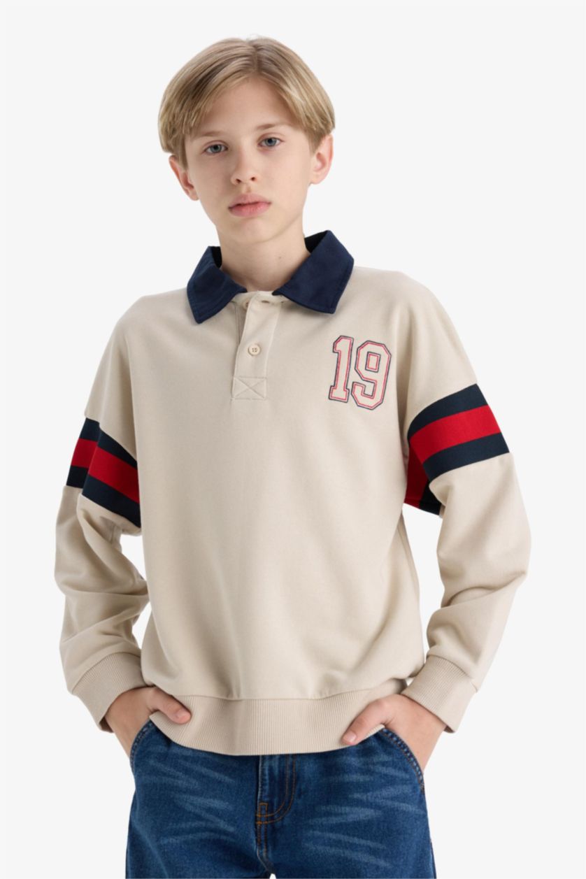 Erkek Çocuk - Genç Erkek Taş Oversize Geniş Kalıp Polo Yaka Sweatshirt Erkek Çocuk