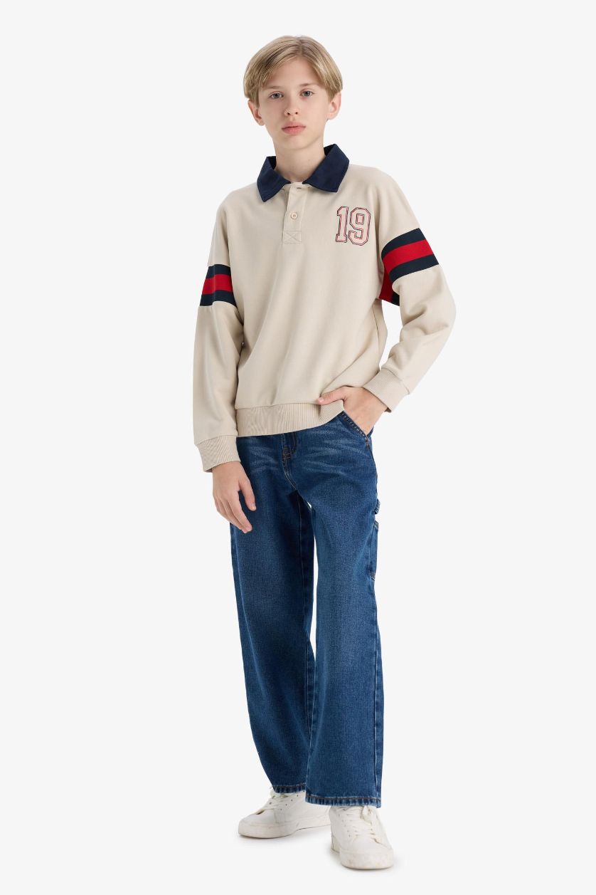 Erkek Çocuk - Genç Erkek Taş Oversize Geniş Kalıp Polo Yaka Sweatshirt Erkek Çocuk