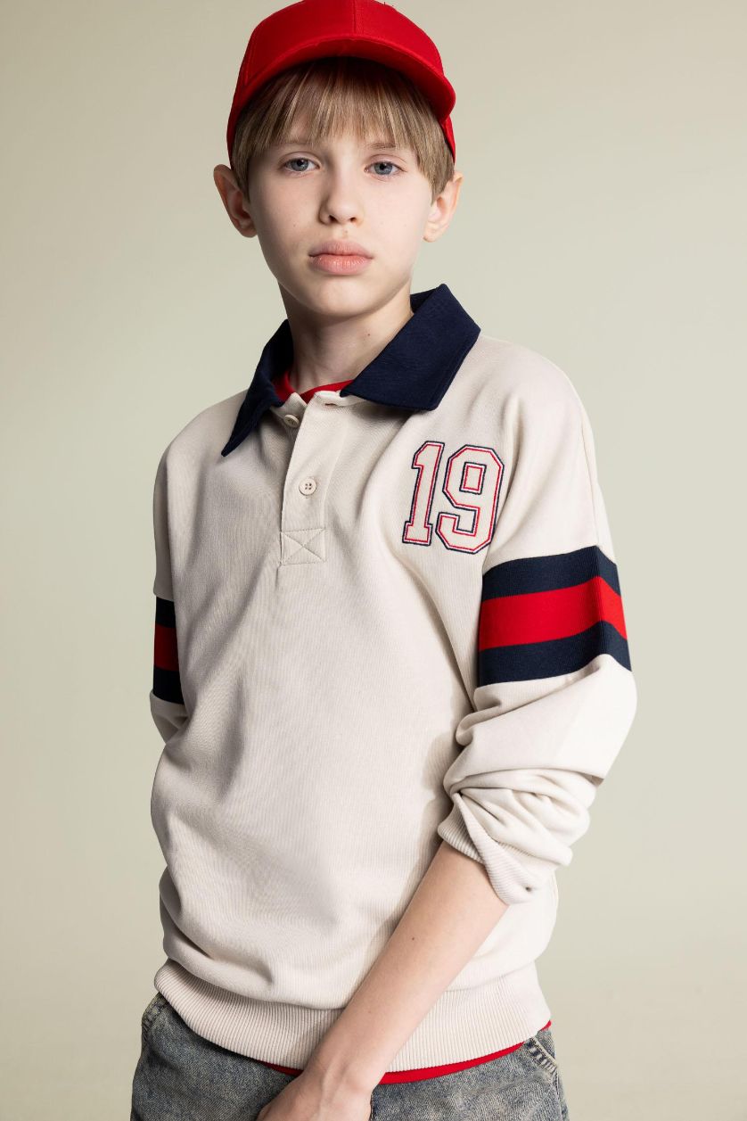 Erkek Çocuk - Genç Erkek Taş Oversize Geniş Kalıp Polo Yaka Sweatshirt Erkek Çocuk