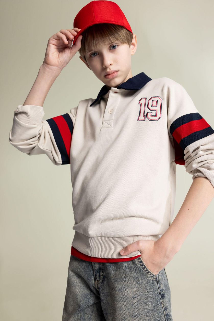 Erkek Çocuk - Genç Erkek Taş Oversize Geniş Kalıp Polo Yaka Sweatshirt Erkek Çocuk