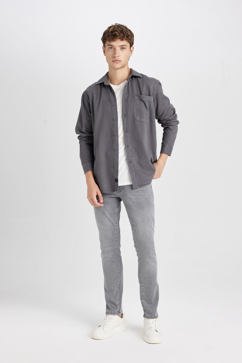 Erkek Antrasit %100 Pamuk Regular Fit Basic Düz Uzun Kollu Gömlek