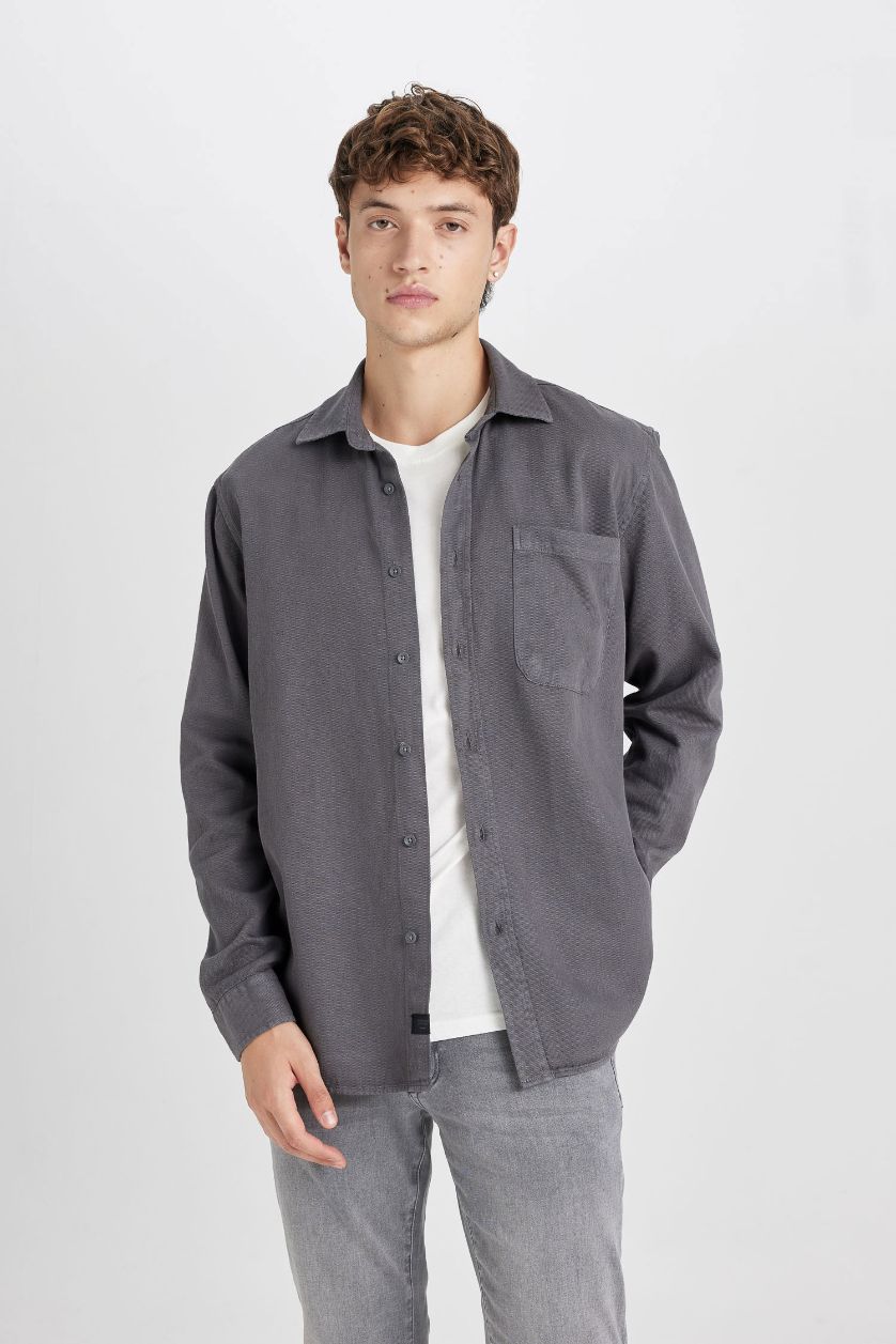 Erkek Antrasit %100 Pamuk Regular Fit Basic Düz Uzun Kollu Gömlek