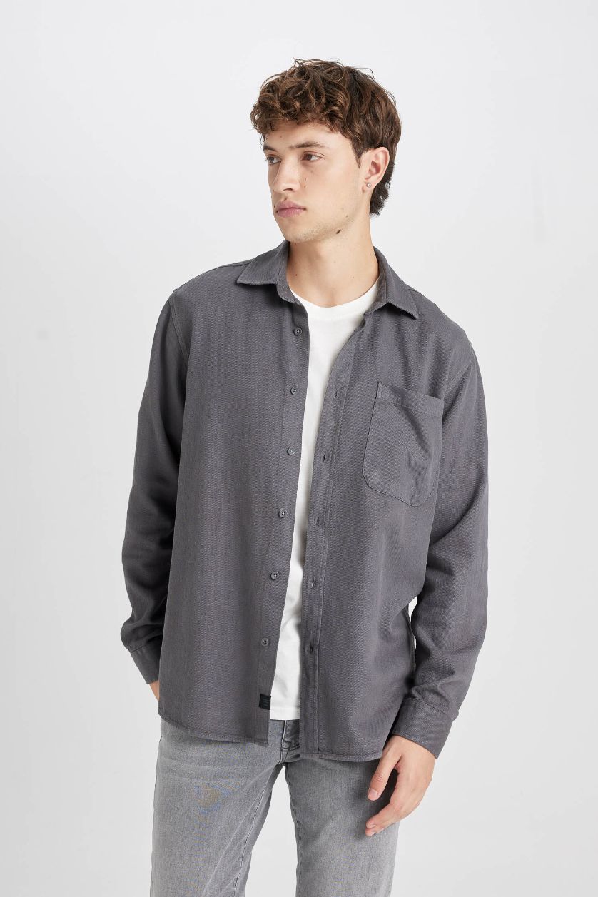 Erkek Antrasit %100 Pamuk Regular Fit Basic Düz Uzun Kollu Gömlek