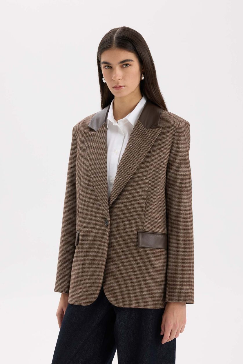 WOMAN Dark Brown Oversize Fit Faux Leather Detailed Blazer Jacket