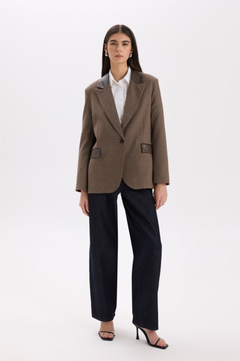 WOMAN Dark Brown Oversize Fit Faux Leather Detailed Blazer Jacket