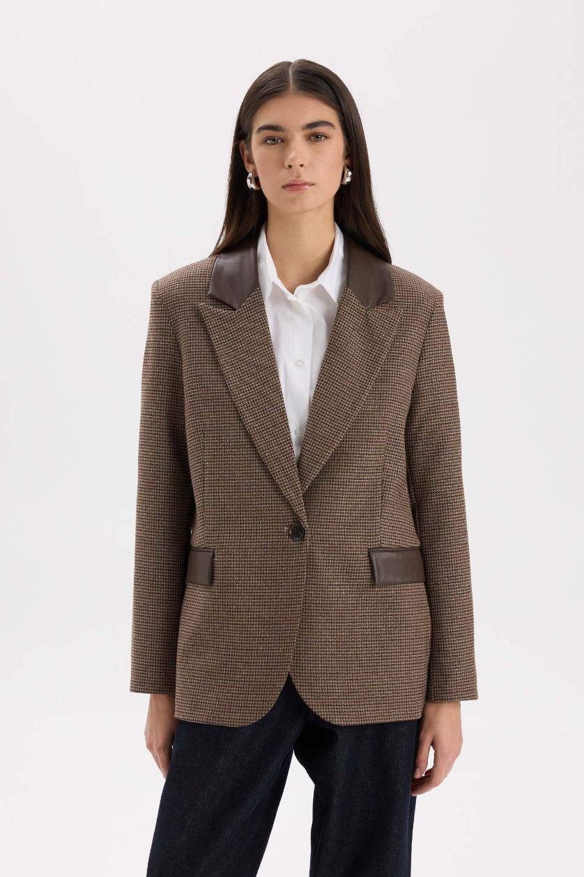 WOMAN Dark Brown Oversize Fit Faux Leather Detailed Blazer Jacket