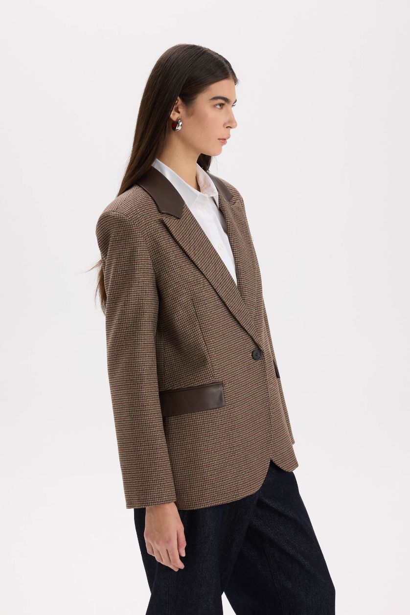 WOMAN Dark Brown Oversize Fit Faux Leather Detailed Blazer Jacket