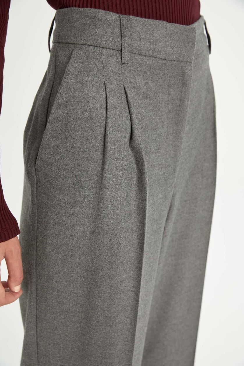 Kadın Antrasit Melanj Wide Leg Klasik Kışlık Palazzo Pantolon Cepli Yüksek Bel Pileli Düz Paça