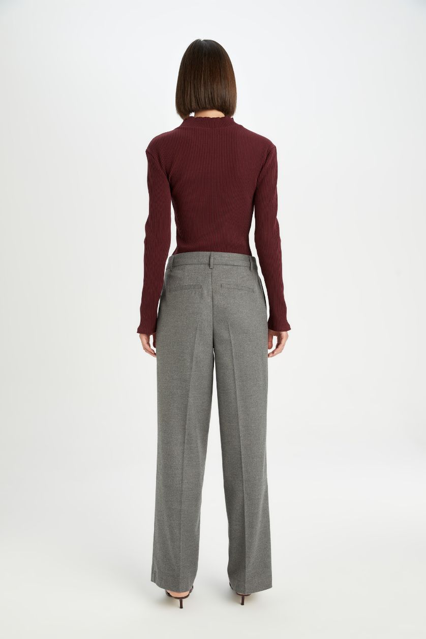 Kadın Antrasit Melanj Wide Leg Klasik Kışlık Palazzo Pantolon Cepli Yüksek Bel Pileli Düz Paça