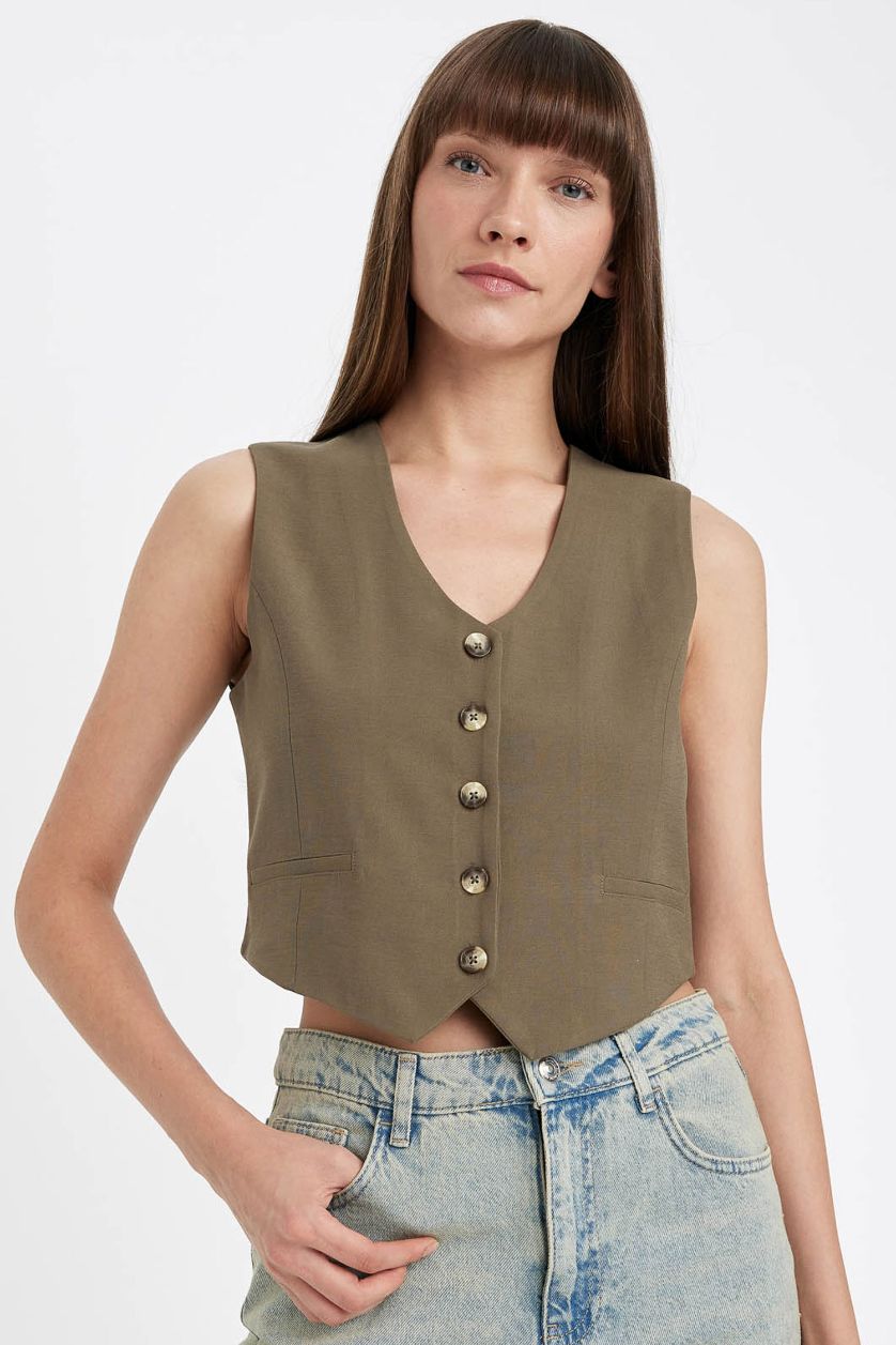 WOMAN Khaki Regular Fit V-Neck Vest