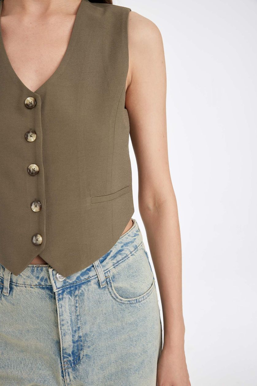 WOMAN Khaki Regular Fit V-Neck Vest