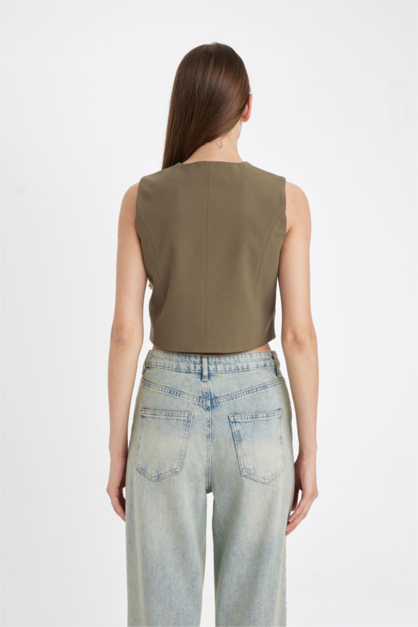 WOMAN Khaki Regular Fit V-Neck Vest