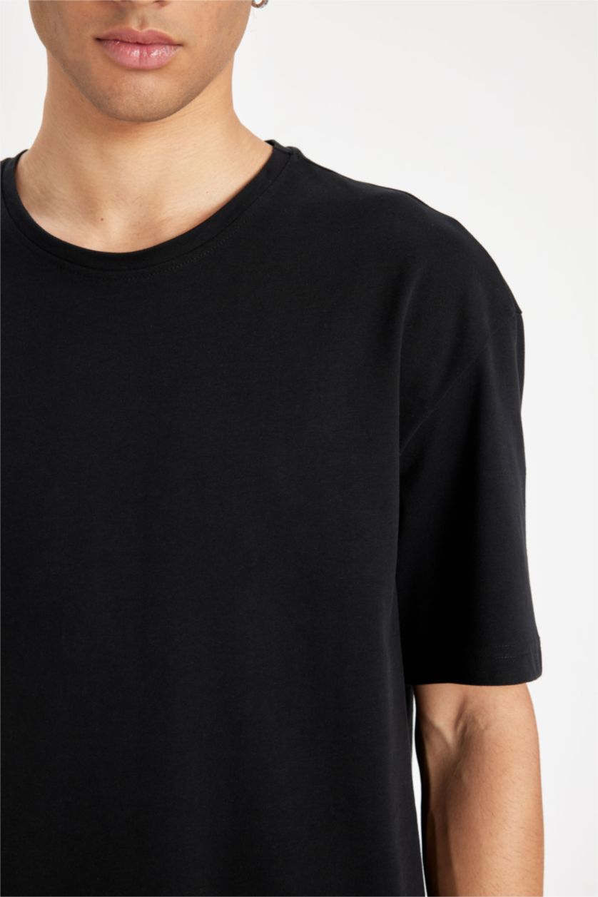 Erkek Siyah Boxy Fit Bisiklet Yaka Basic Düz Kısa Kollu Siyah Tişört