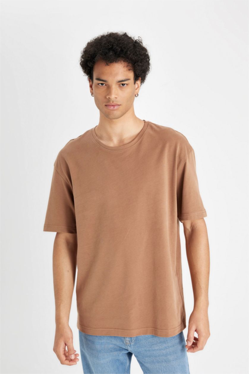 MAN Light Brown Boxy Fit Crew Neck Basic T-Shirt