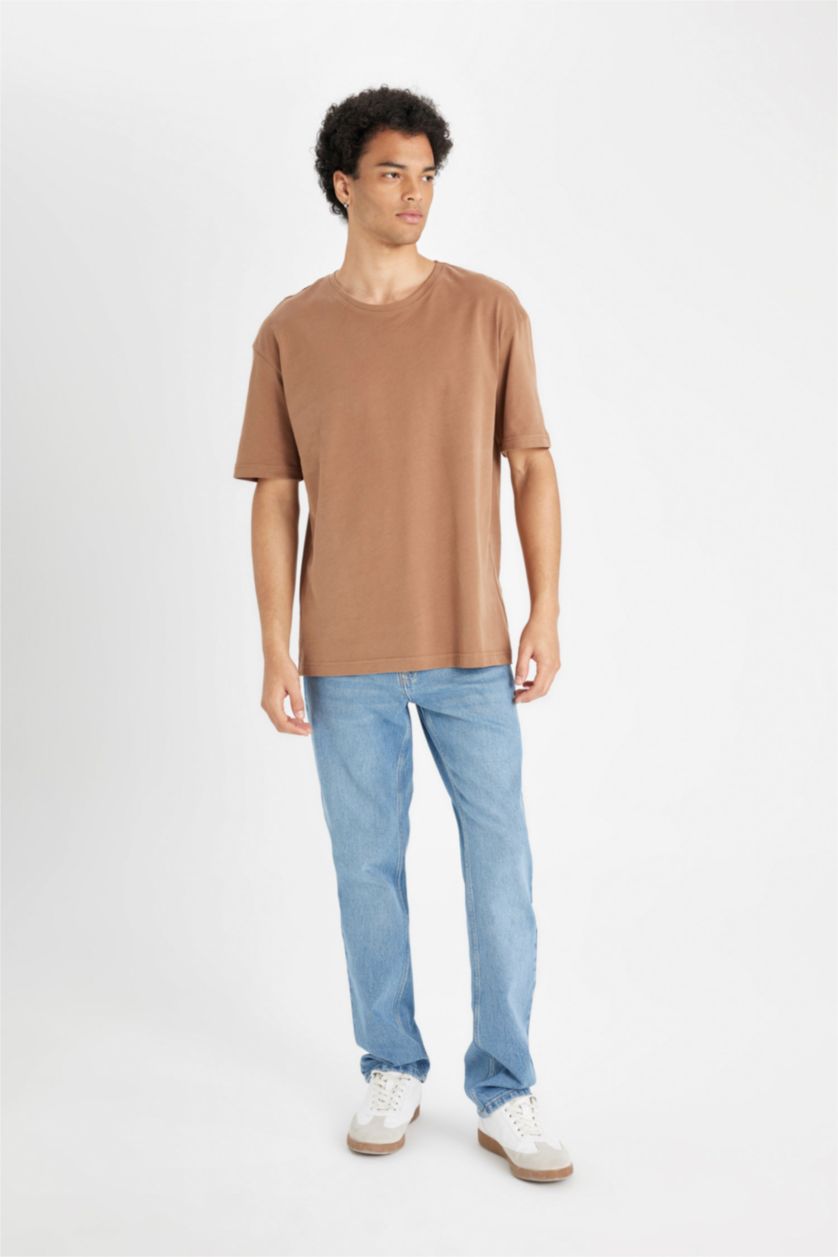 MAN Light Brown Boxy Fit Crew Neck Basic T-Shirt