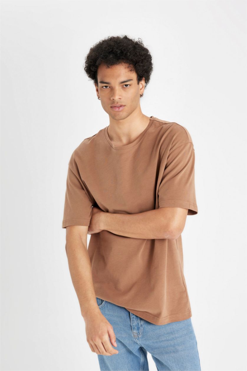 MAN Light Brown Boxy Fit Crew Neck Basic T-Shirt