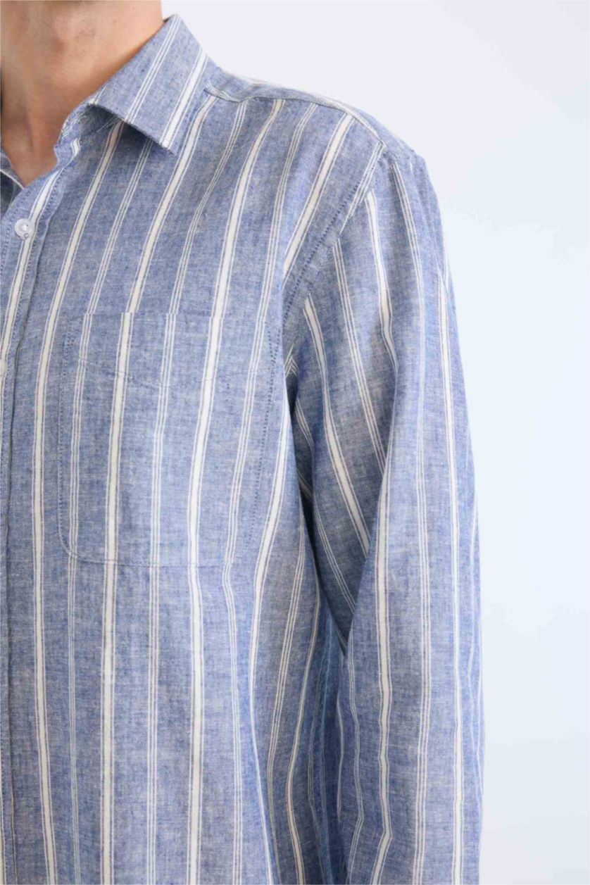 Мужчины Синий Рубашка с воротником поло, длинный рукав, полосатая, из льна