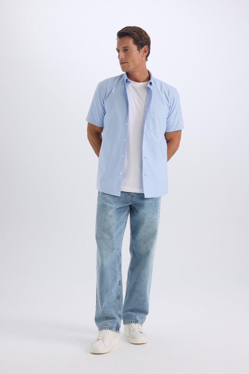 رجالي أزرق فاتح قميص قطن بولو نص كم أوكسفورد قصة عادية