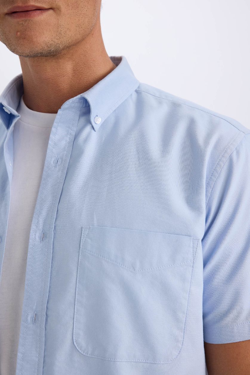 رجالي أزرق فاتح قميص قطن بولو نص كم أوكسفورد قصة عادية