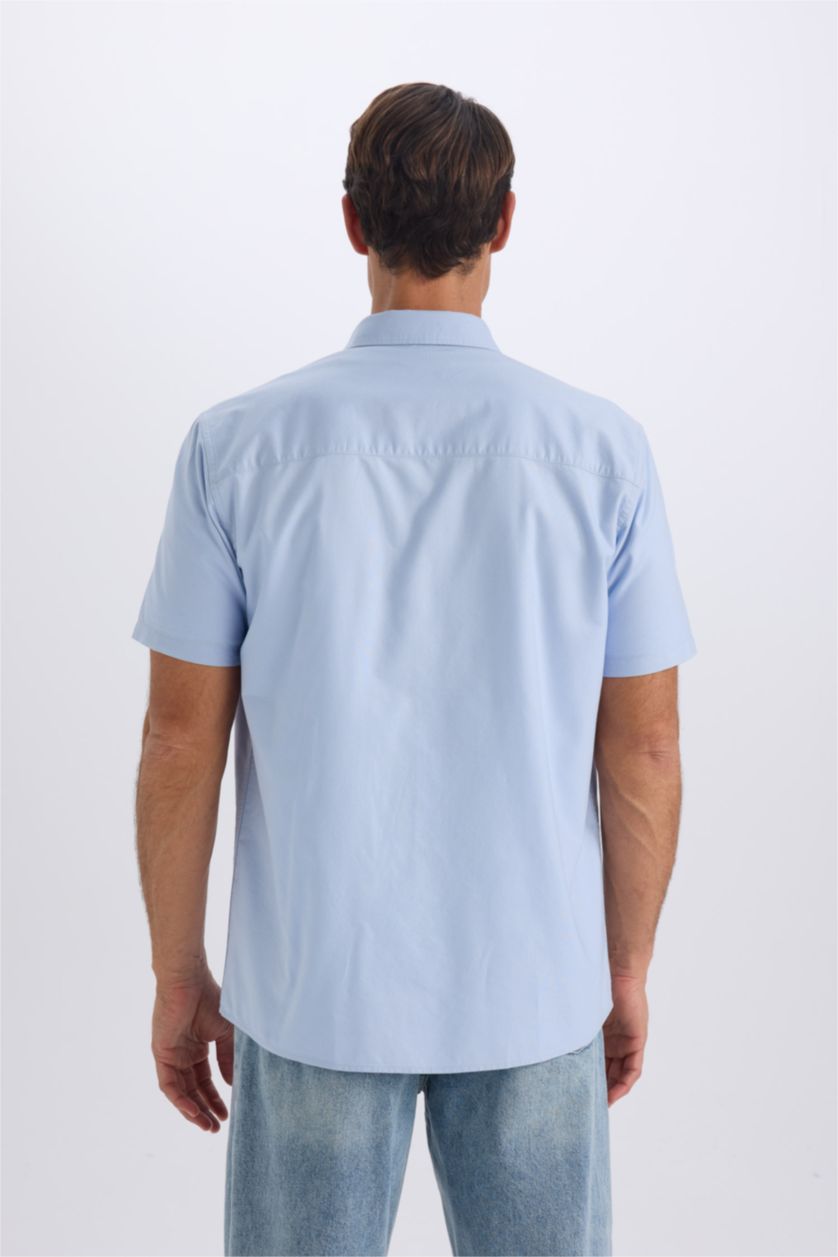رجالي أزرق فاتح قميص قطن بولو نص كم أوكسفورد قصة عادية