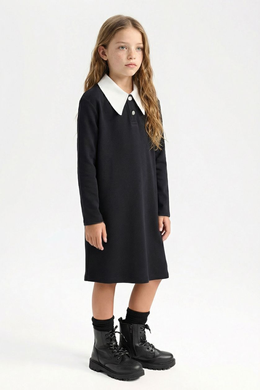 بناتي أسود فستان اسود بناتي بيزك كم طويل وياقة قميص