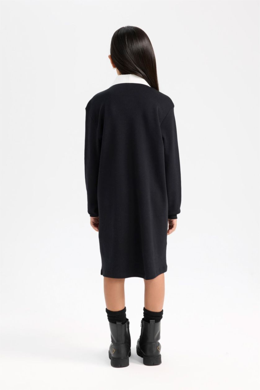 بناتي أسود فستان اسود بناتي بيزك كم طويل وياقة قميص