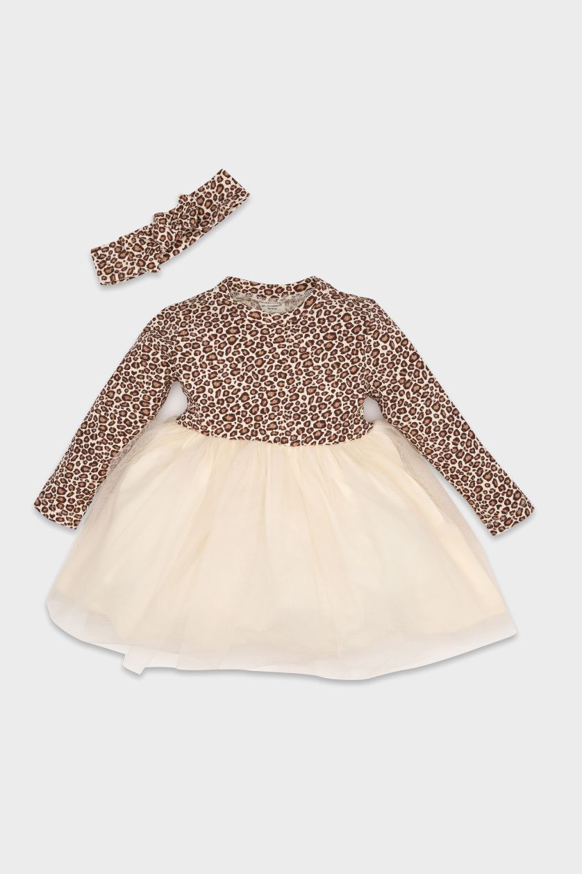Kız Bebek Kum 2'li Takım Leopar Desenli Uzun Kollu Fitilli Kaşkorse Elbise Saç Bantlı Kız Bebek