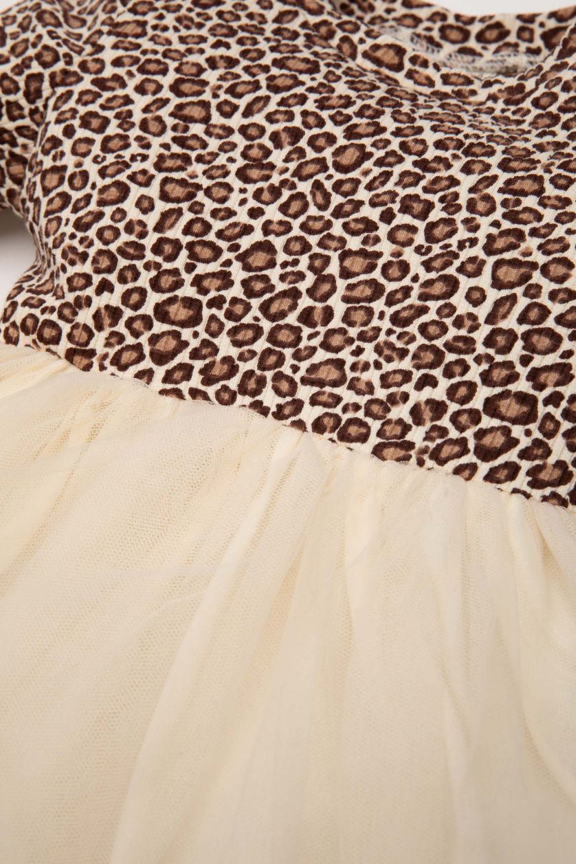 Kız Bebek Kum 2'li Takım Leopar Desenli Uzun Kollu Fitilli Kaşkorse Elbise Saç Bantlı Kız Bebek