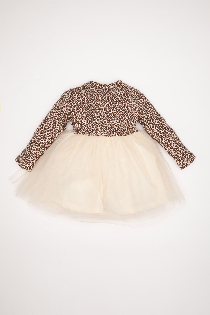 Kız Bebek Kum 2'li Takım Leopar Desenli Uzun Kollu Fitilli Kaşkorse Elbise Saç Bantlı Kız Bebek