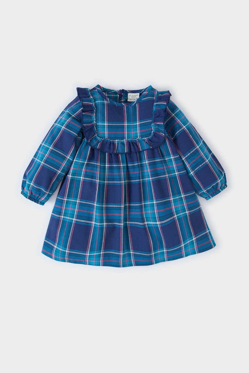 Kız Bebek Lacivert Kareli Uzun Kollu Flanel Elbise Kız Bebek