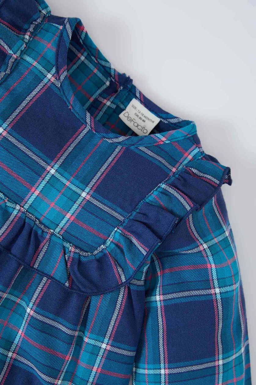 Kız Bebek Lacivert Kareli Uzun Kollu Flanel Elbise Kız Bebek