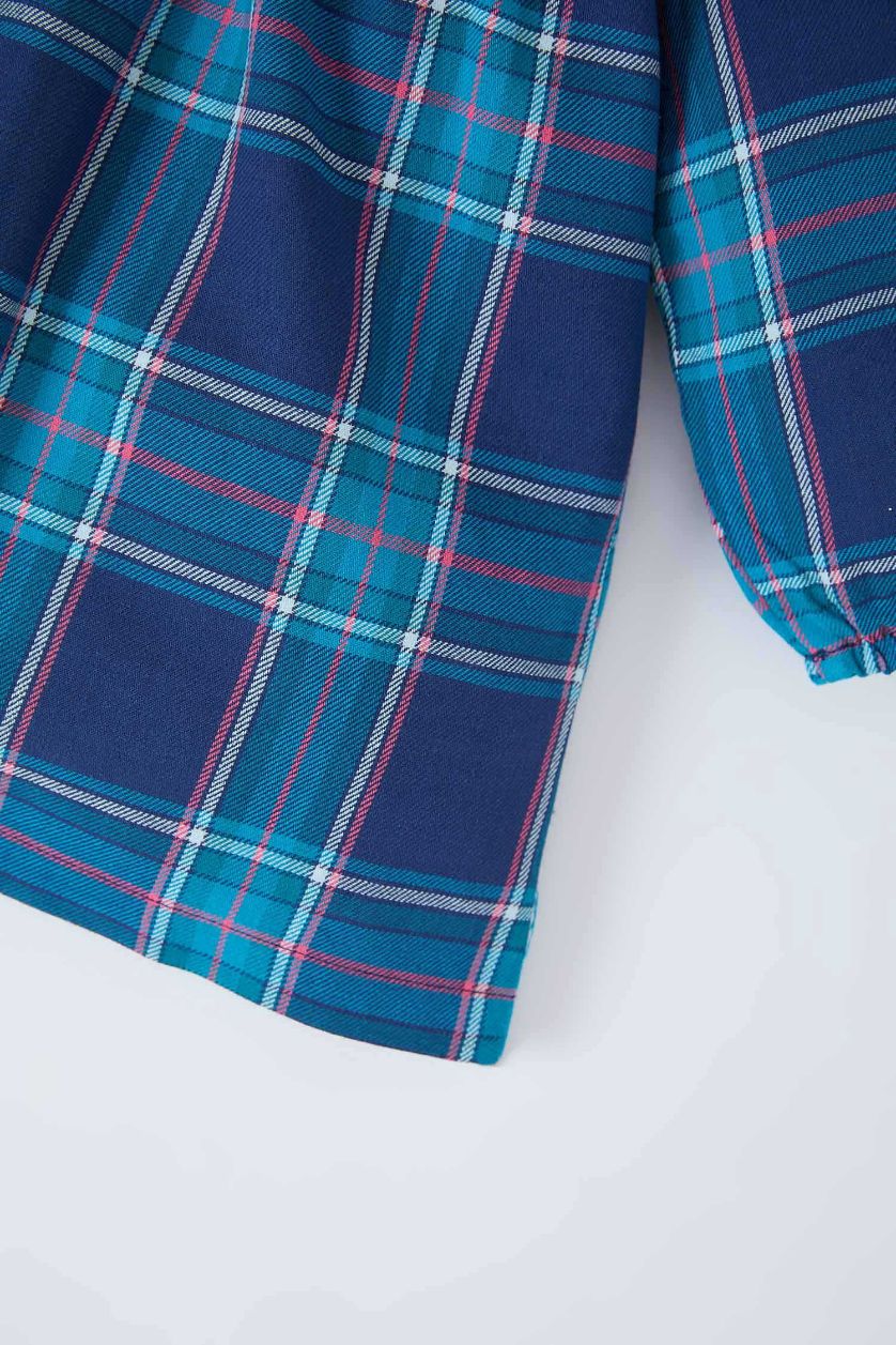 Kız Bebek Lacivert Kareli Uzun Kollu Flanel Elbise Kız Bebek