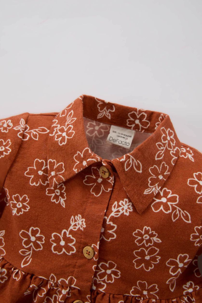 Kız Bebek Koyu Turuncu Çiçekli Uzun Kollu Pazen Elbise Kız Bebek