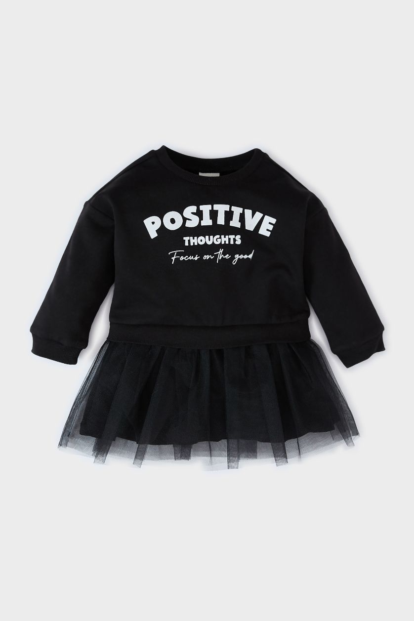 طفلة صغيرة أسود فستان بيبي بناتي بطبعة شعار كم طويل بياقة مستديرة