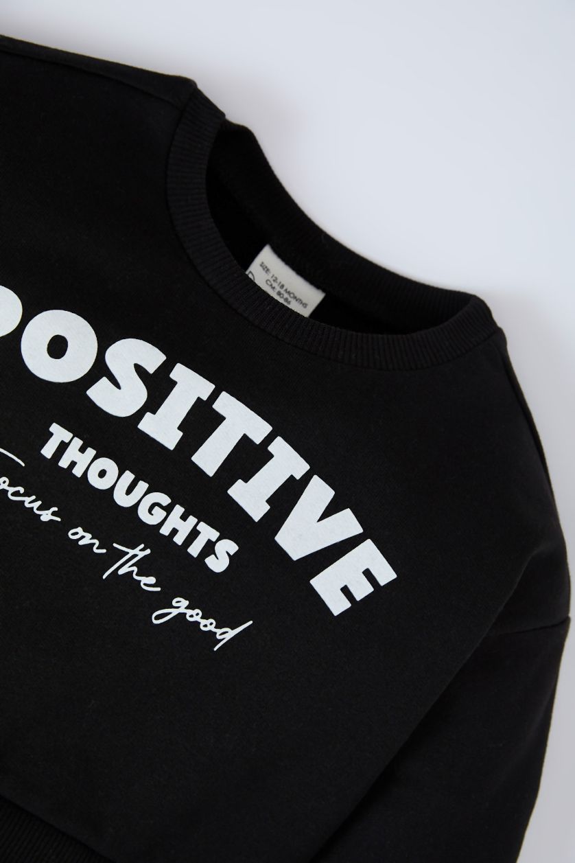 طفلة صغيرة أسود فستان بيبي بناتي بطبعة شعار كم طويل بياقة مستديرة