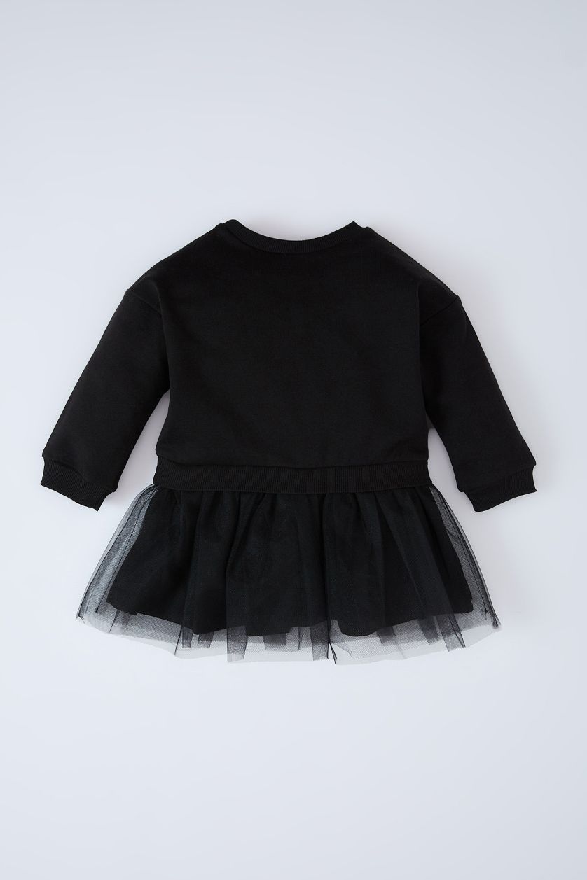 طفلة صغيرة أسود فستان بيبي بناتي بطبعة شعار كم طويل بياقة مستديرة