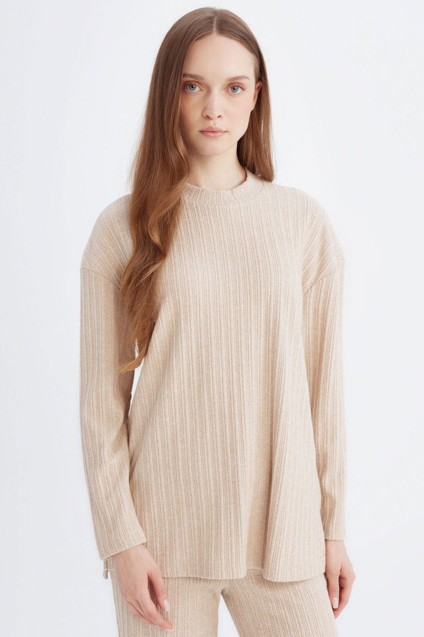 نساء بيج بلوزة طويلة مضلعة قصة مريحة بياخة مستديرة ببطانة ناعمة