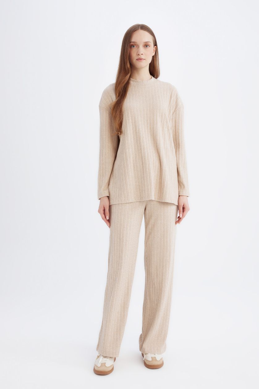 نساء بيج بلوزة طويلة مضلعة قصة مريحة بياخة مستديرة ببطانة ناعمة