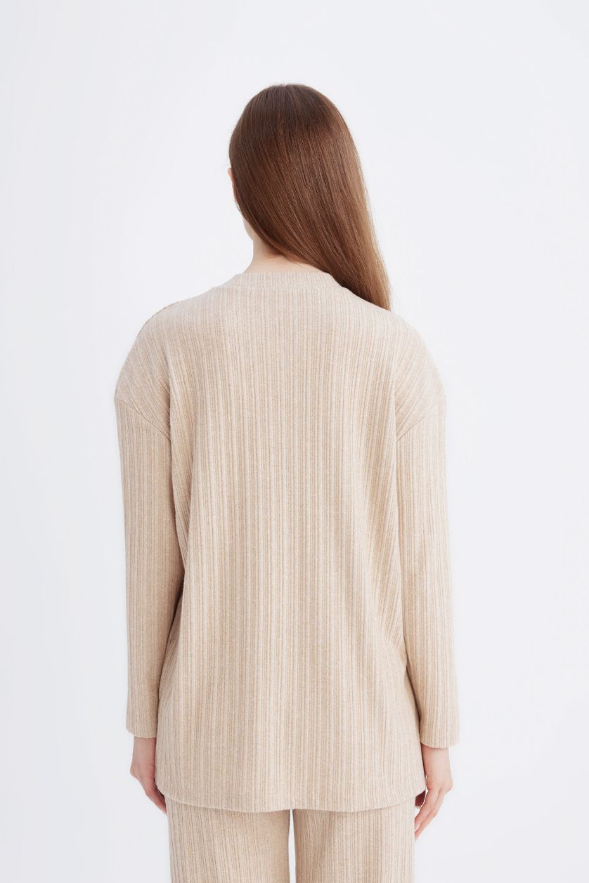 نساء بيج بلوزة طويلة مضلعة قصة مريحة بياخة مستديرة ببطانة ناعمة