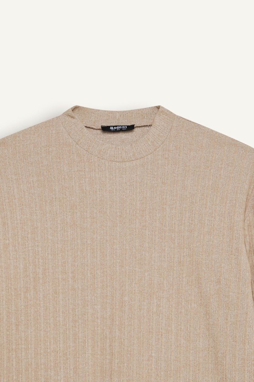 نساء بيج بلوزة طويلة مضلعة قصة مريحة بياخة مستديرة ببطانة ناعمة