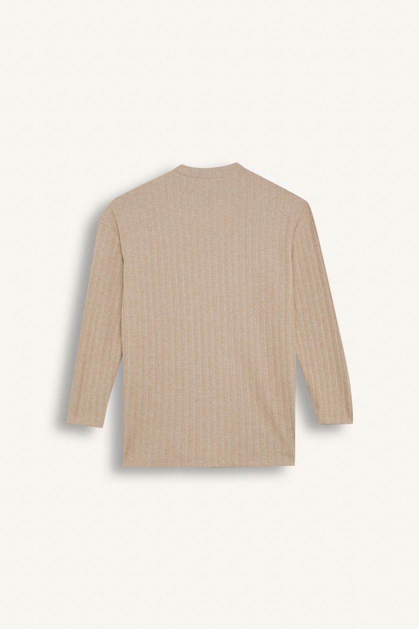 نساء بيج بلوزة طويلة مضلعة قصة مريحة بياخة مستديرة ببطانة ناعمة