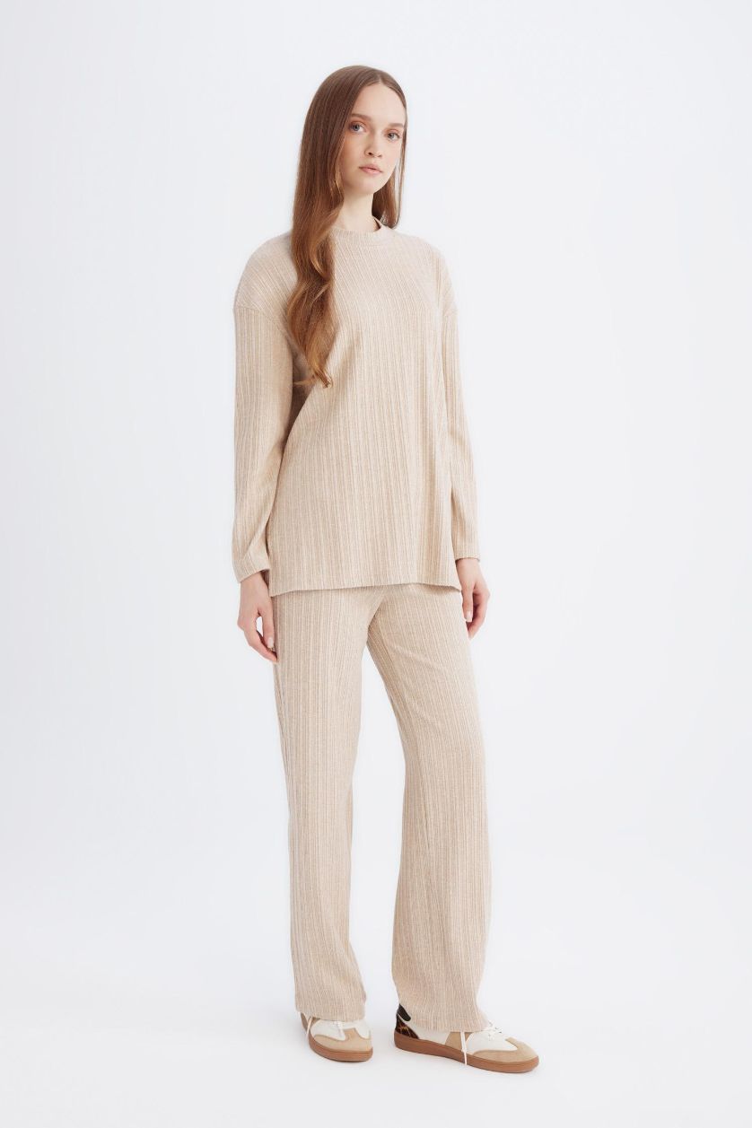 Kadın Bej Regular Beli Lastikli Basic Düz Fit Fitilli Kaşkorse Geniş Paça Pantolon