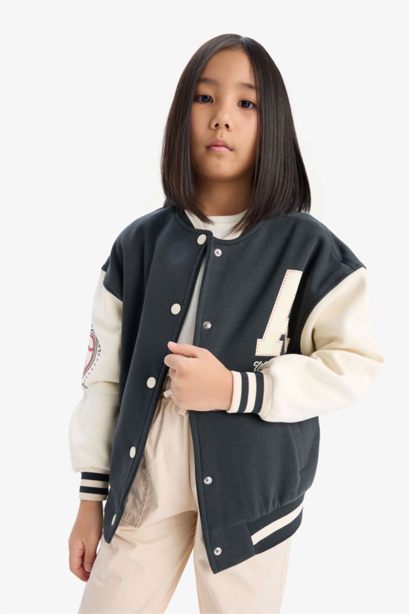 Kız Çocuk - Genç Kız Antrasit Kız Çocuk Baskılı Kolej Yaka İçi Yumuşak Tüylü Bomber Ceket