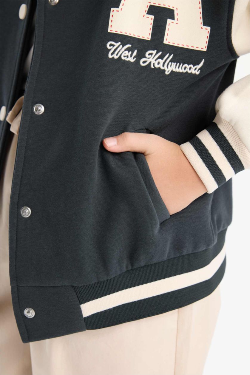 Kız Çocuk - Genç Kız Antrasit Kız Çocuk Baskılı Kolej Yaka İçi Yumuşak Tüylü Bomber Ceket