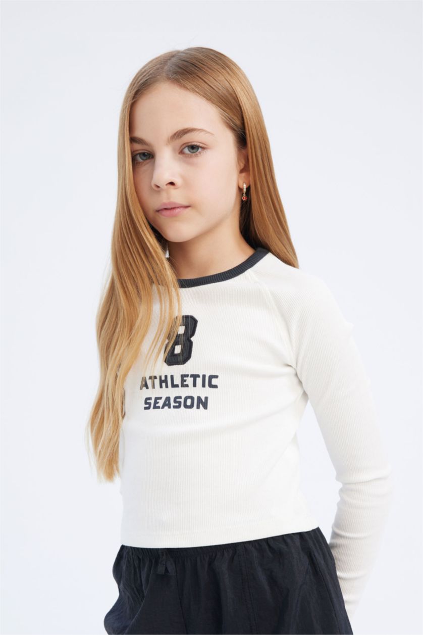 Kız Çocuk - Genç Kız Ekru Slim Fit Dar Kesim Bisiklet Yaka Baskılı Uzun Kollu Tişört Kız Çocuk