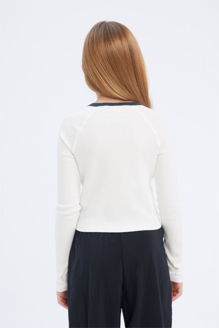 Kız Çocuk - Genç Kız Ekru Slim Fit Dar Kesim Bisiklet Yaka Baskılı Uzun Kollu Tişört Kız Çocuk