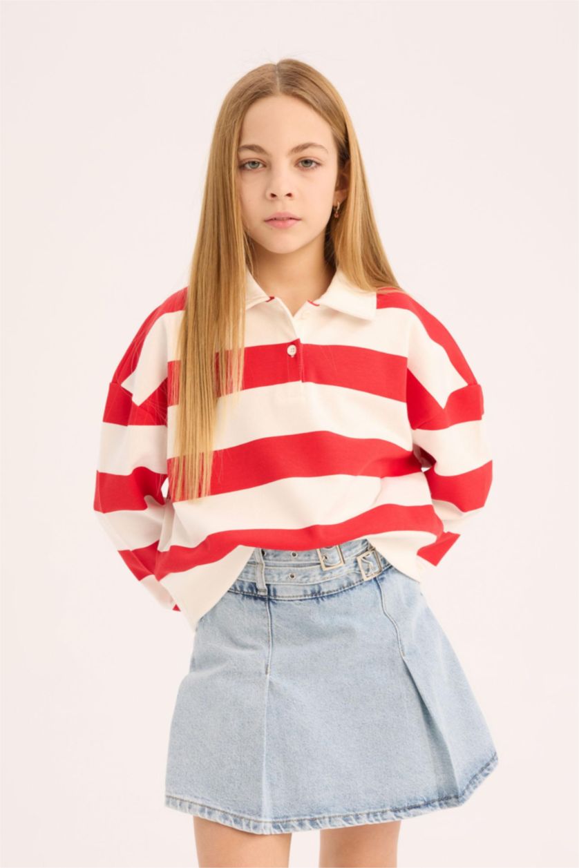 Kız Çocuk - Genç Kız Kırmızı Kız Çocuk Relax Fit Polo Yaka Çizgili Sweatshirt